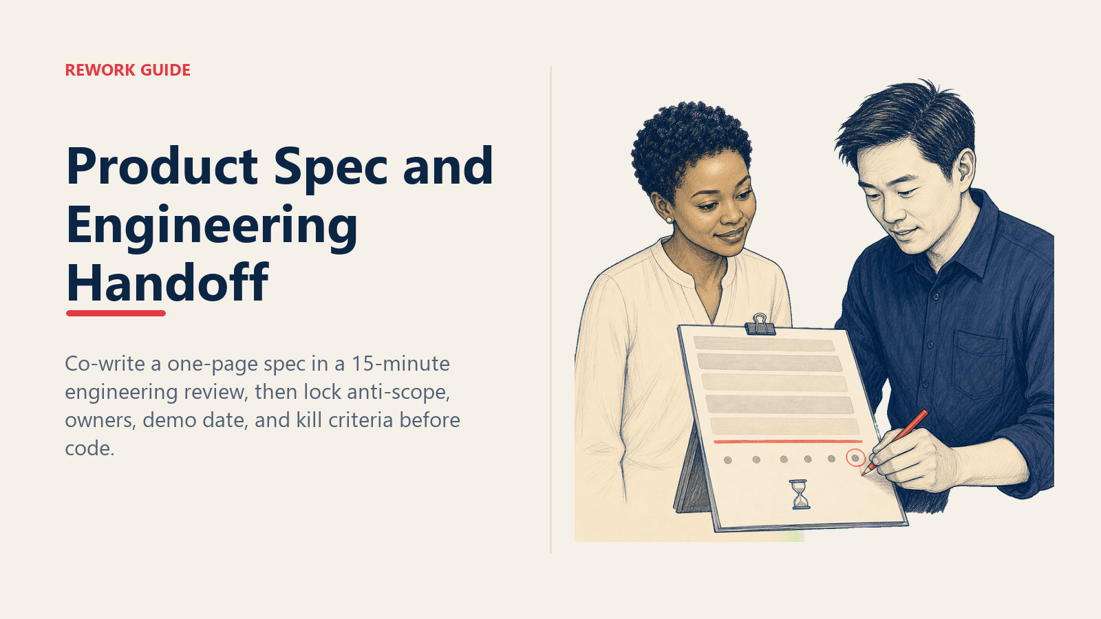 Product spec and engineering handoff shown as a PM and engineer reviewing a one-page spec