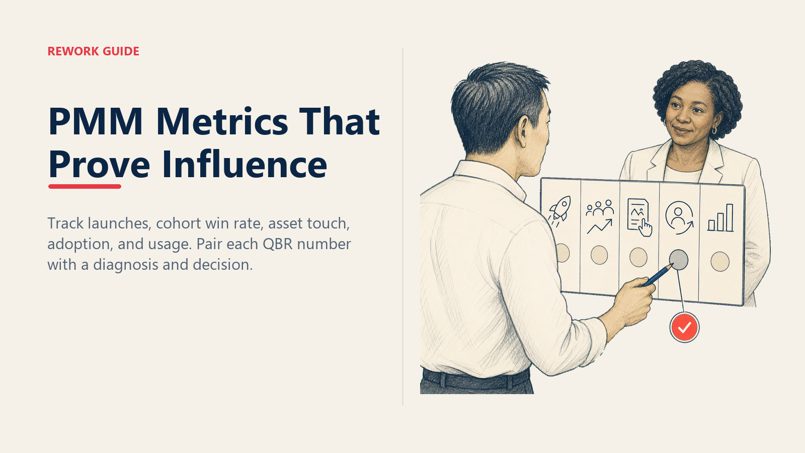 PMM metrics scorecard connecting launch, win rate, asset influence, adoption, and usage to a QBR decision