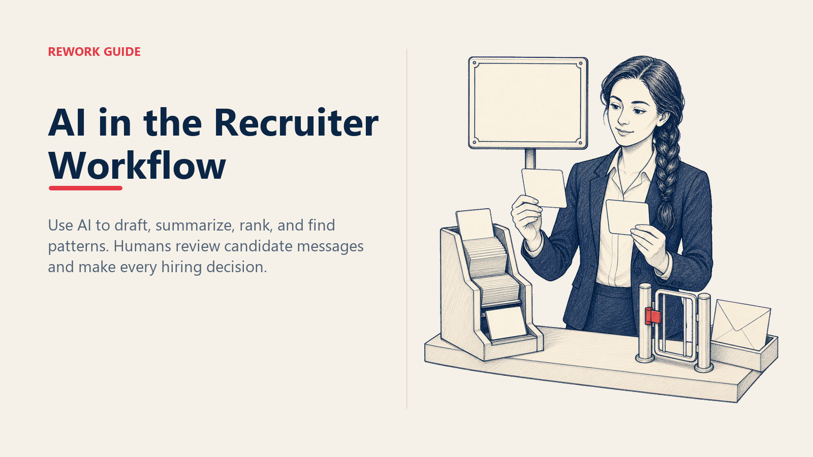 AI in the recruiter workflow with a human reviewing top and bottom candidate cards before an approval gate