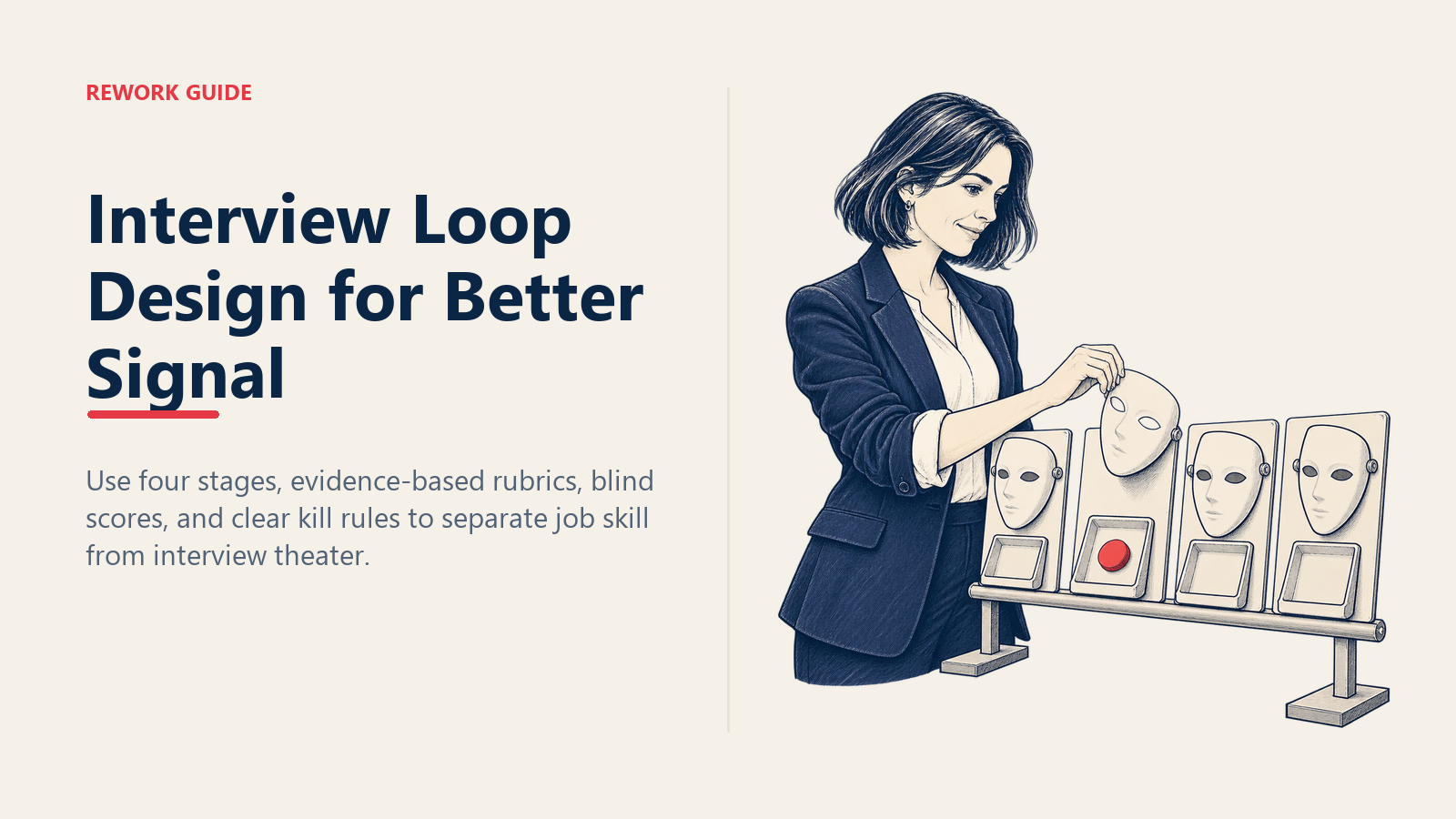 Recruiter lifting a theater mask from a four-stage interview loop scorecard with an evidence token already seated