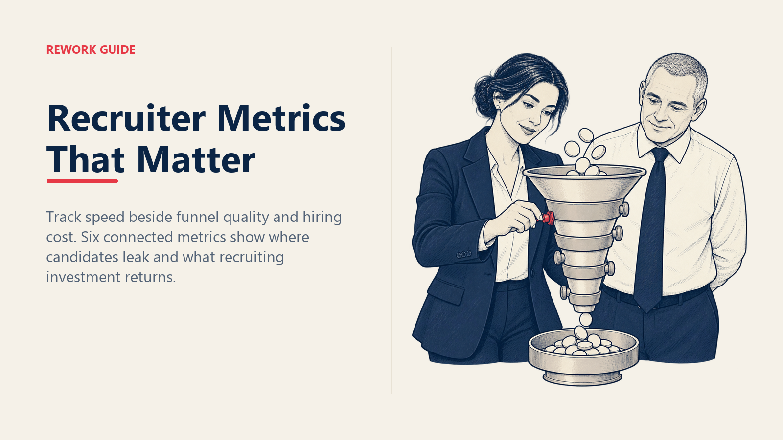 Recruiter calibrating a six-metric hiring funnel while a finance partner reviews the candidate output
