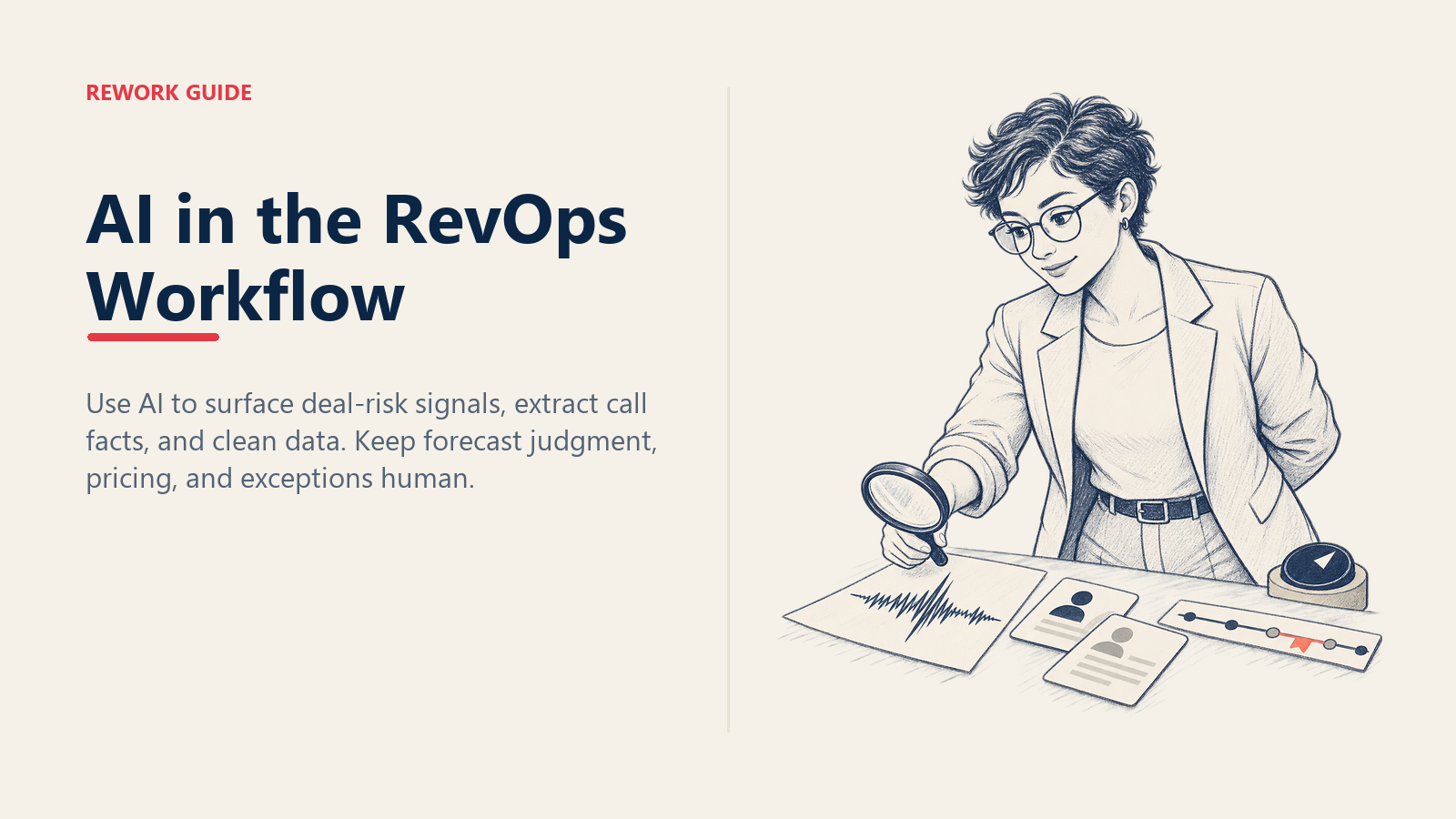 RevOps manager inspecting transcript, pipeline, and data-quality signals while keeping an opaque AI deal score covered