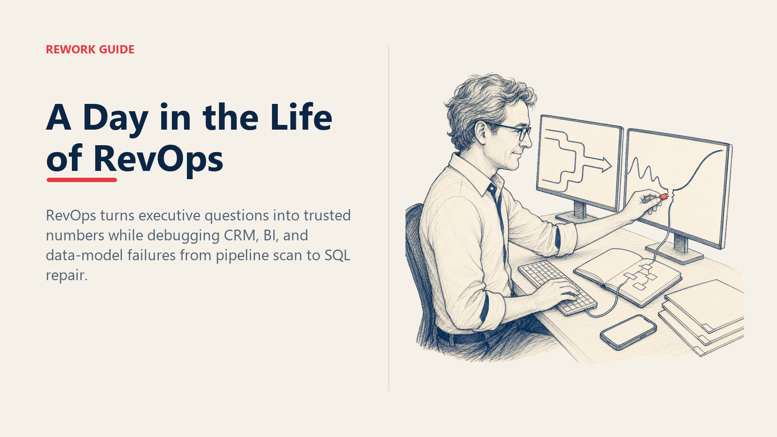 RevOps manager repairing a broken data-model link between a pipeline dashboard and data-model notebook at a dual-monitor desk