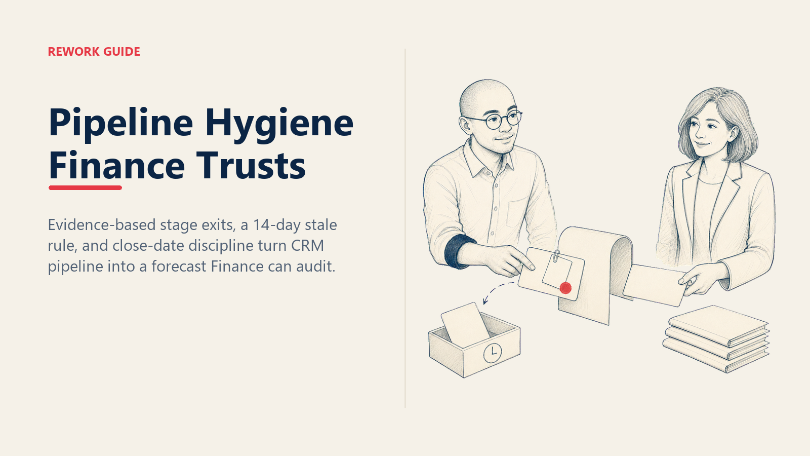 RevOps manager passing an evidence-backed opportunity through a pipeline gate to a reviewing CFO