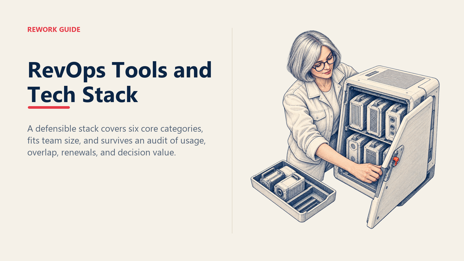 RevOps operator auditing a cutaway tech stack with six core modules and redundant tools set aside