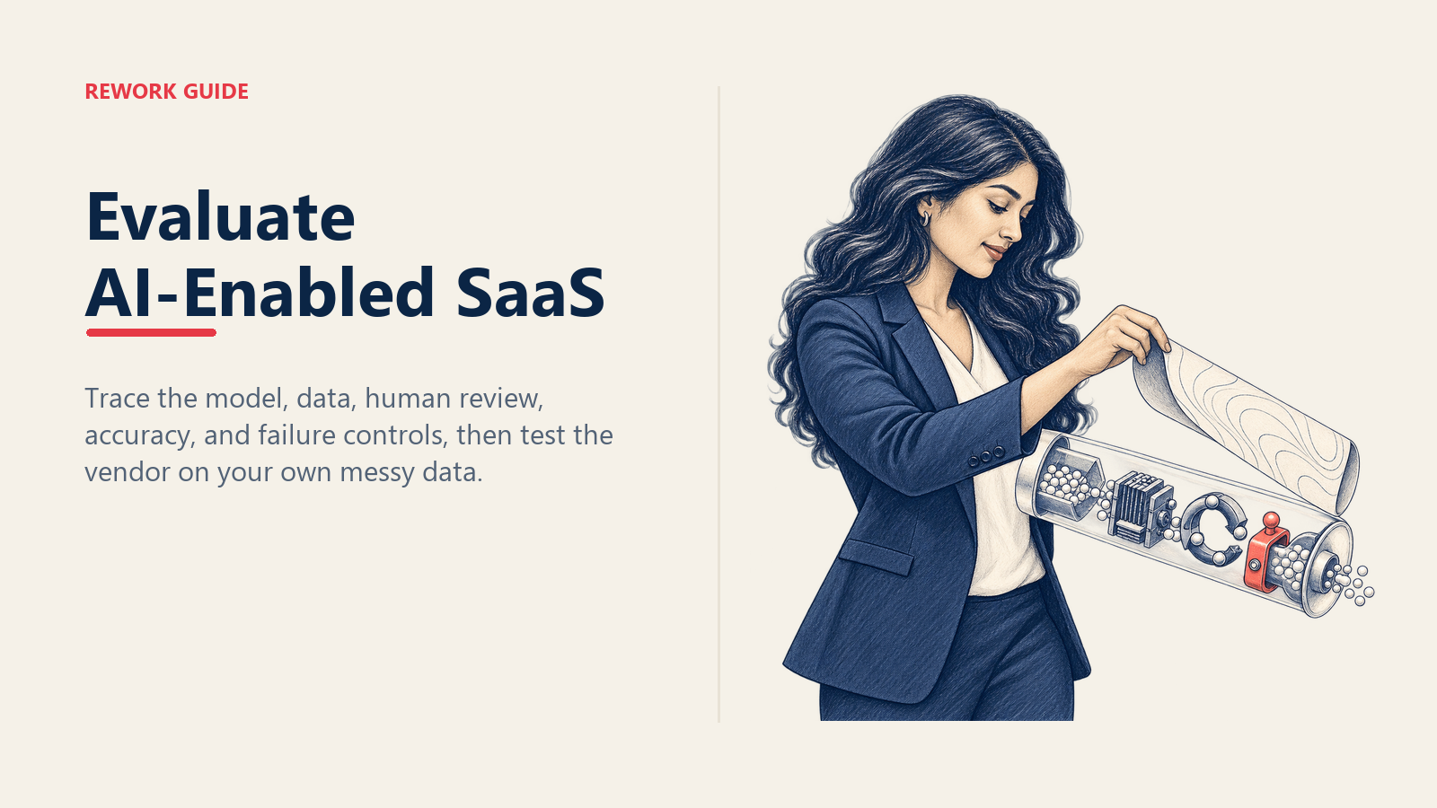 SaaS buyer peeling back an AI marketing shell to inspect the model, data path, and human approval gate
