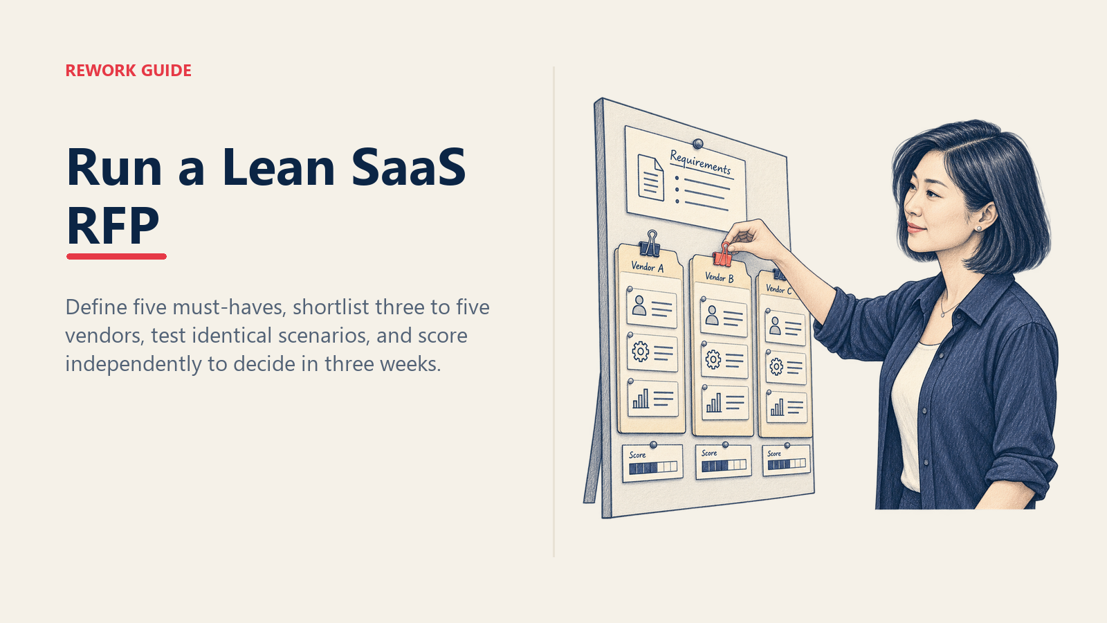 Operations director comparing three SaaS vendors against one structured RFP brief and weighted scorecard