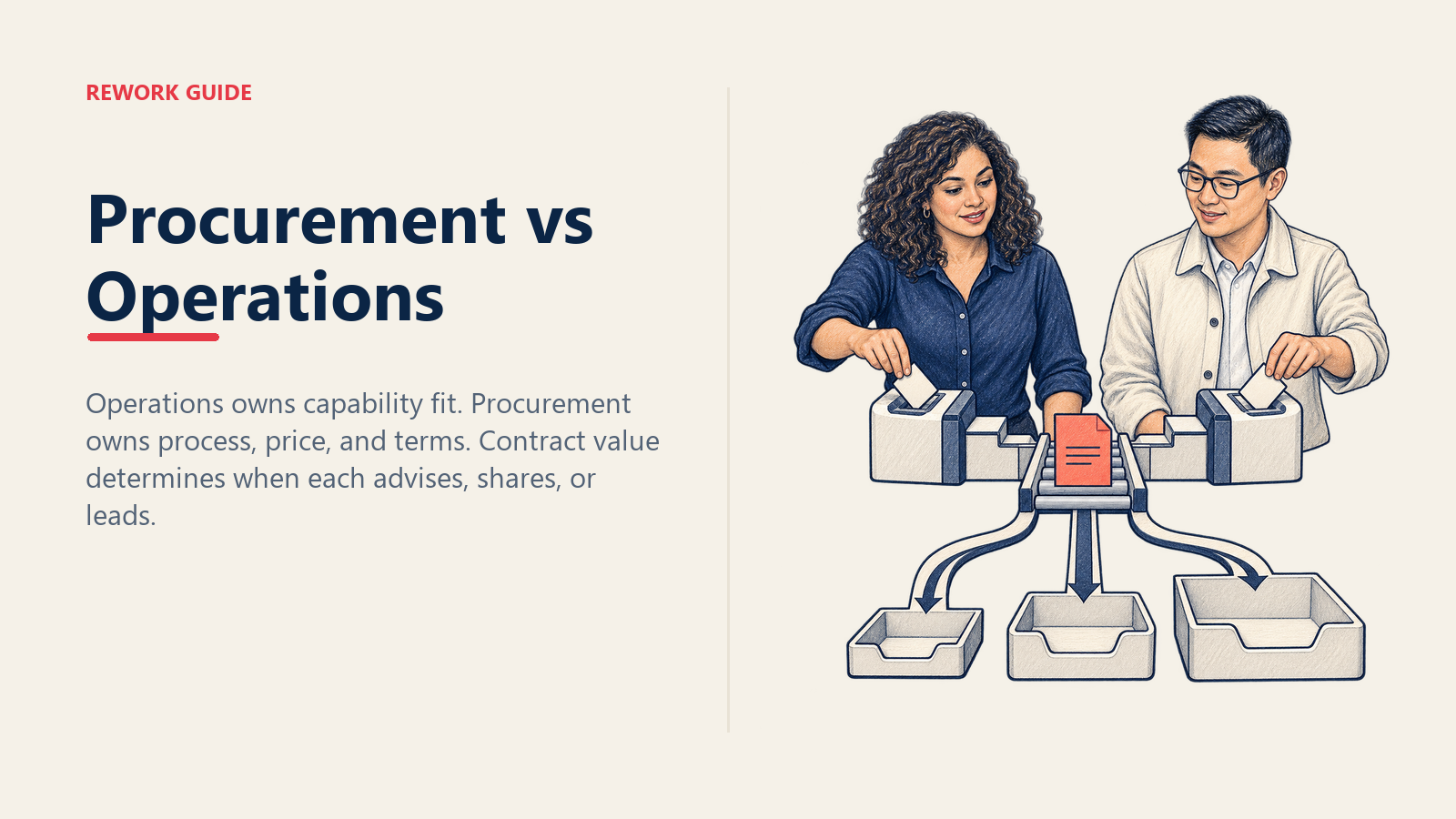 Operations and procurement leaders jointly routing a SaaS request through a split authority gate