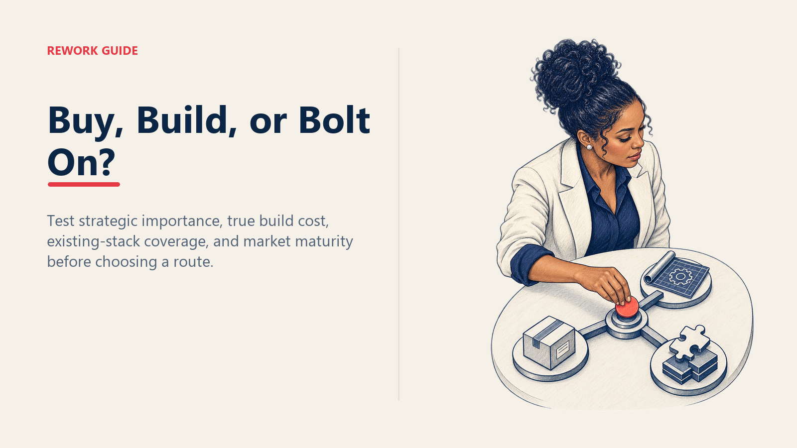 COO routing a software need through buy, build, and bolt-on branches before vendor evaluation