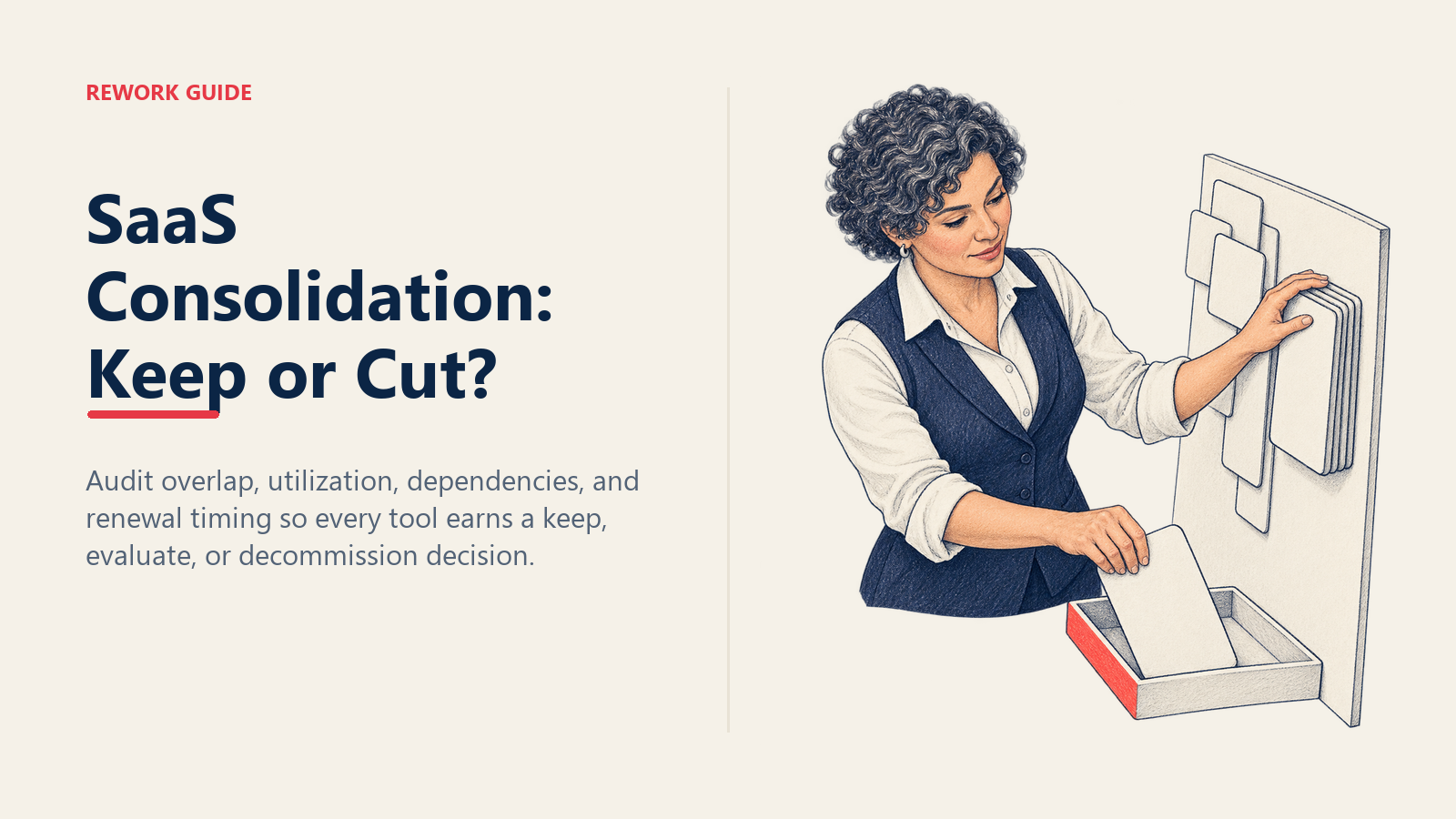 SaaS consolidation guide showing an IT lead removing a redundant tool from an overlap audit