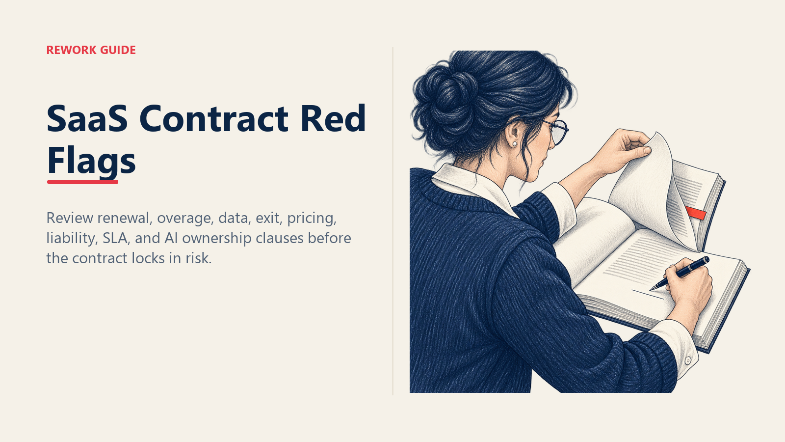 SaaS contract red flags guide showing a procurement leader stopping before signing a hidden renewal clause