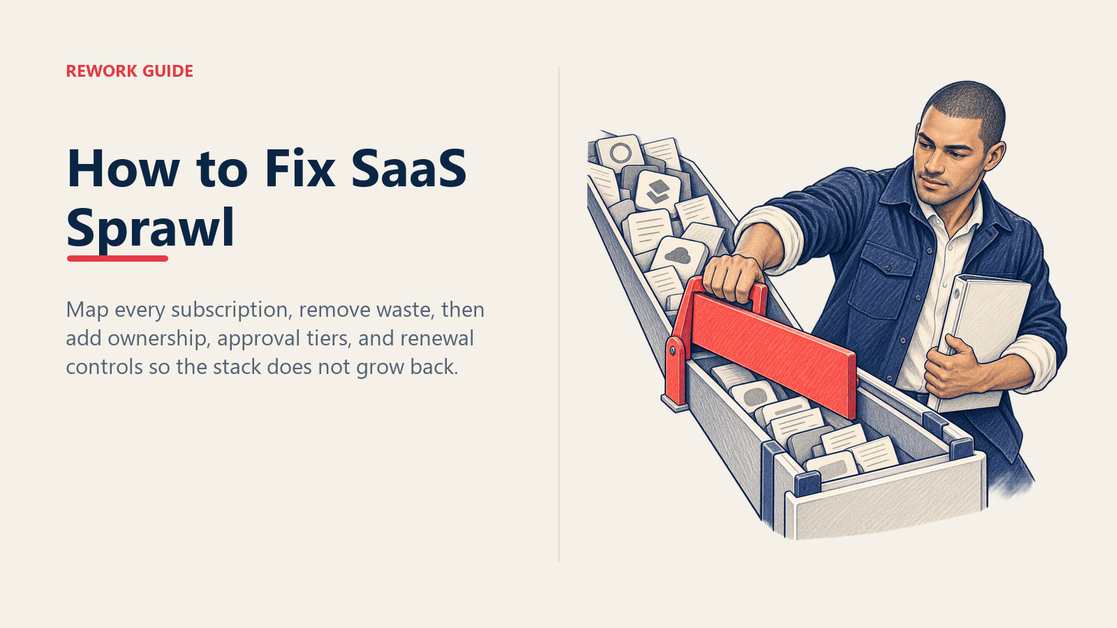 Operations lead installing an approval gate beside an overflowing software registry to prevent SaaS sprawl