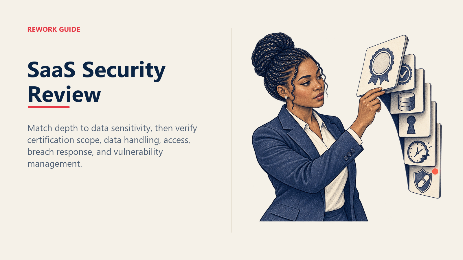 SaaS security review showing a security lead looking beyond a certification badge into five risk layers