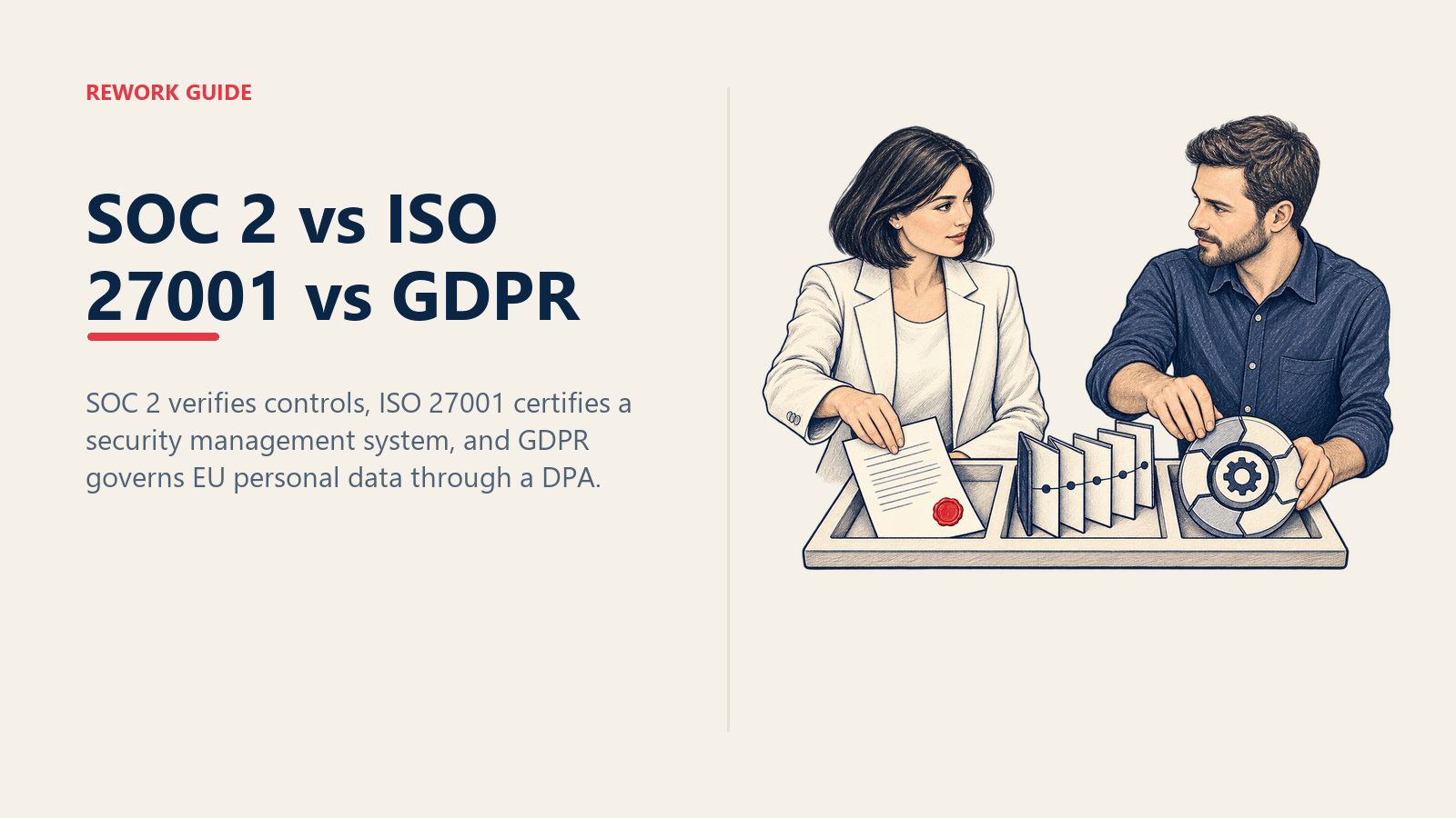 SOC 2 vs ISO 27001 vs GDPR buyer guide showing procurement and IT aligning three distinct compliance artifacts
