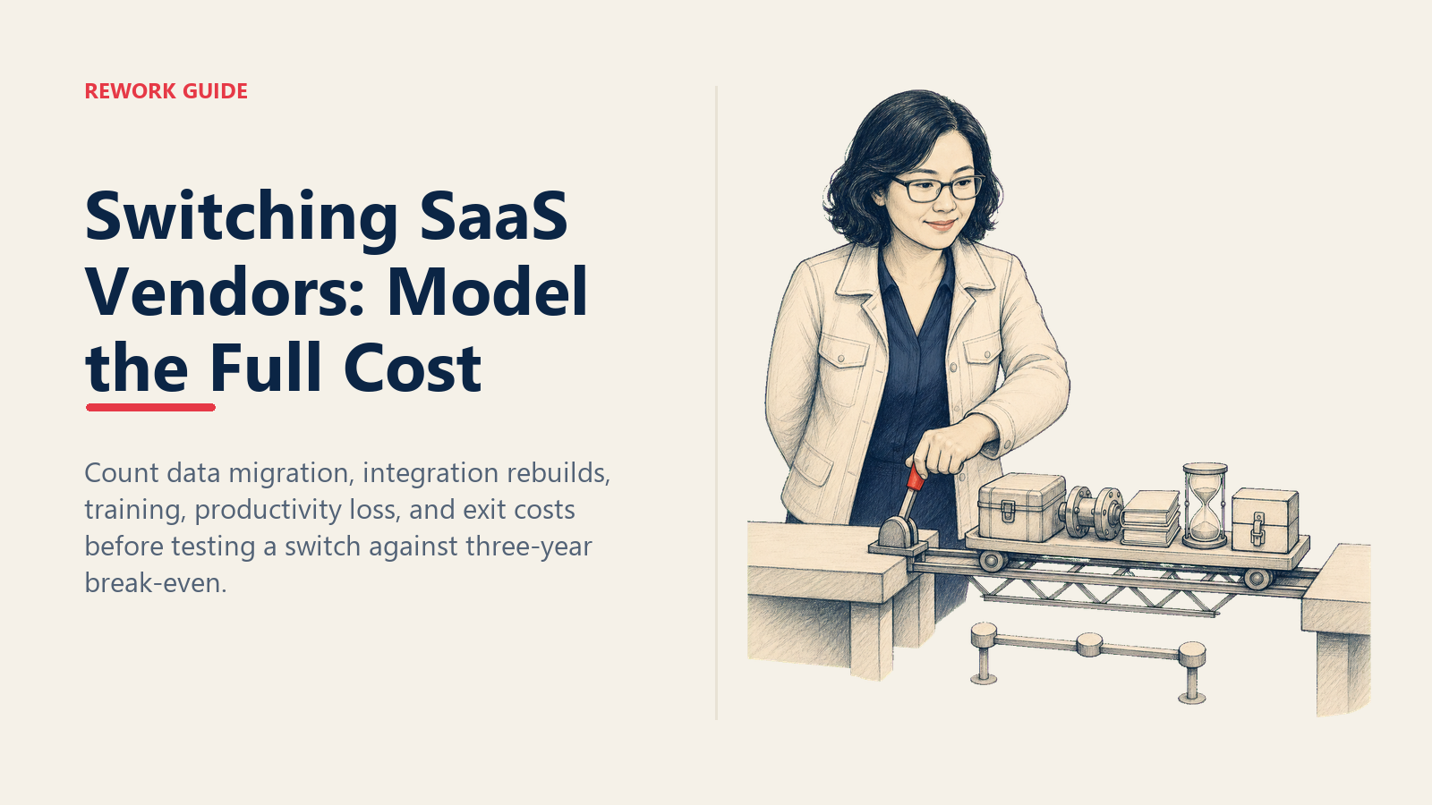 Operations director stops a SaaS migration cart to count five switching costs before the three-year break-even bridge.