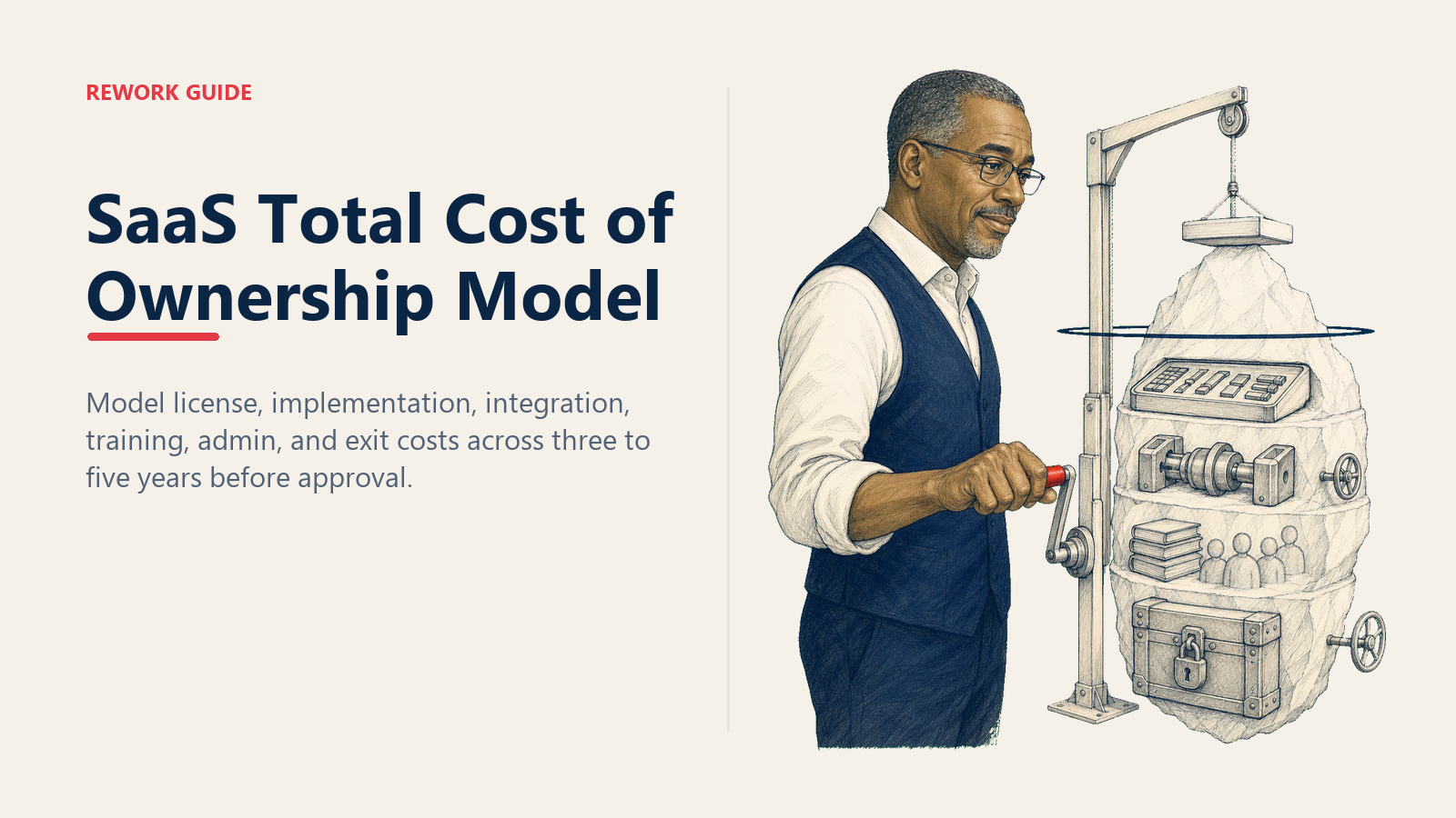CFO lifts the license-price tip to reveal implementation, integration, training, admin, and exit costs in a SaaS TCO model.