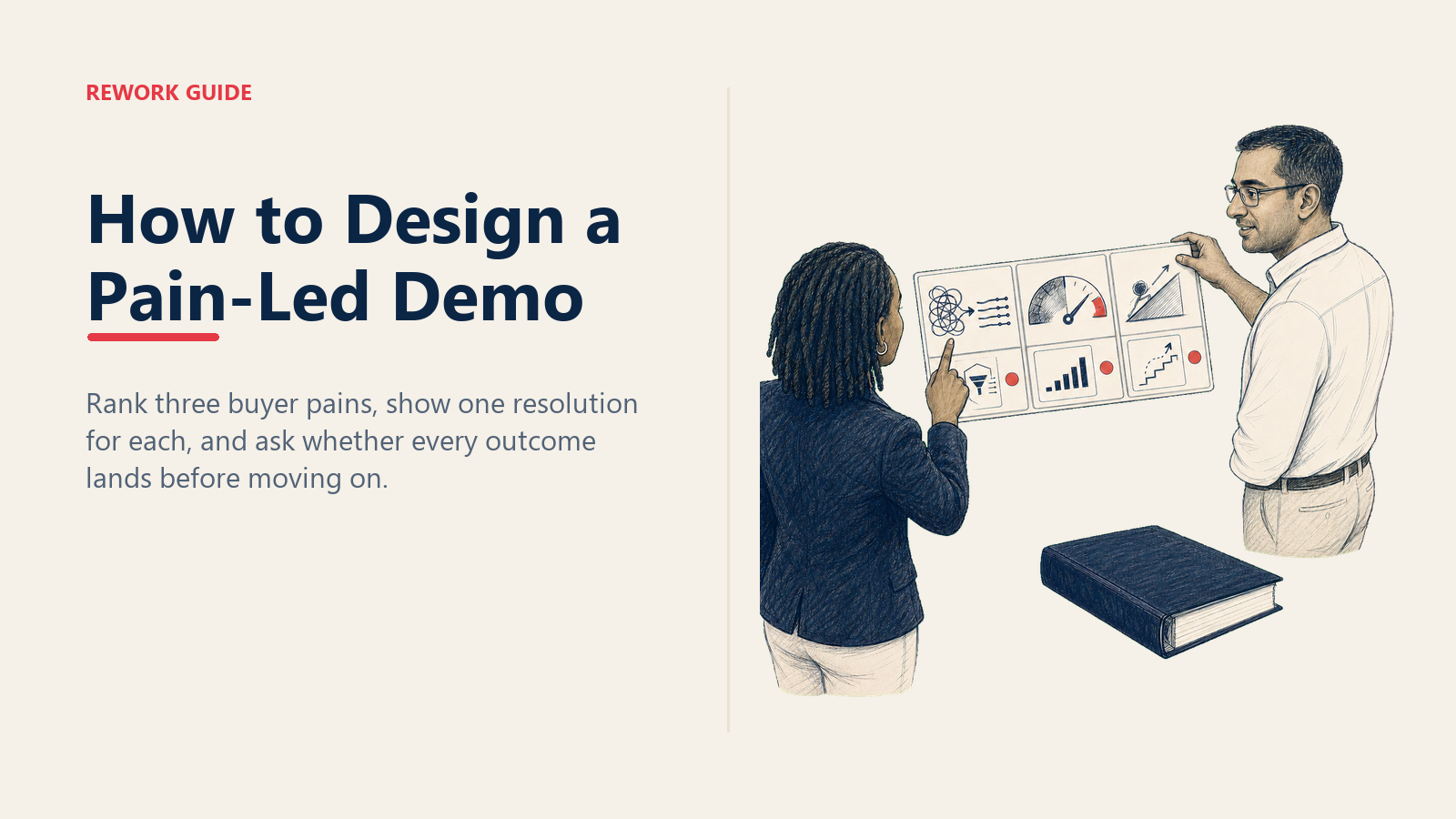 Sales engineer ordering three pain-led demo arcs while a buyer confirms the highest-priority problem