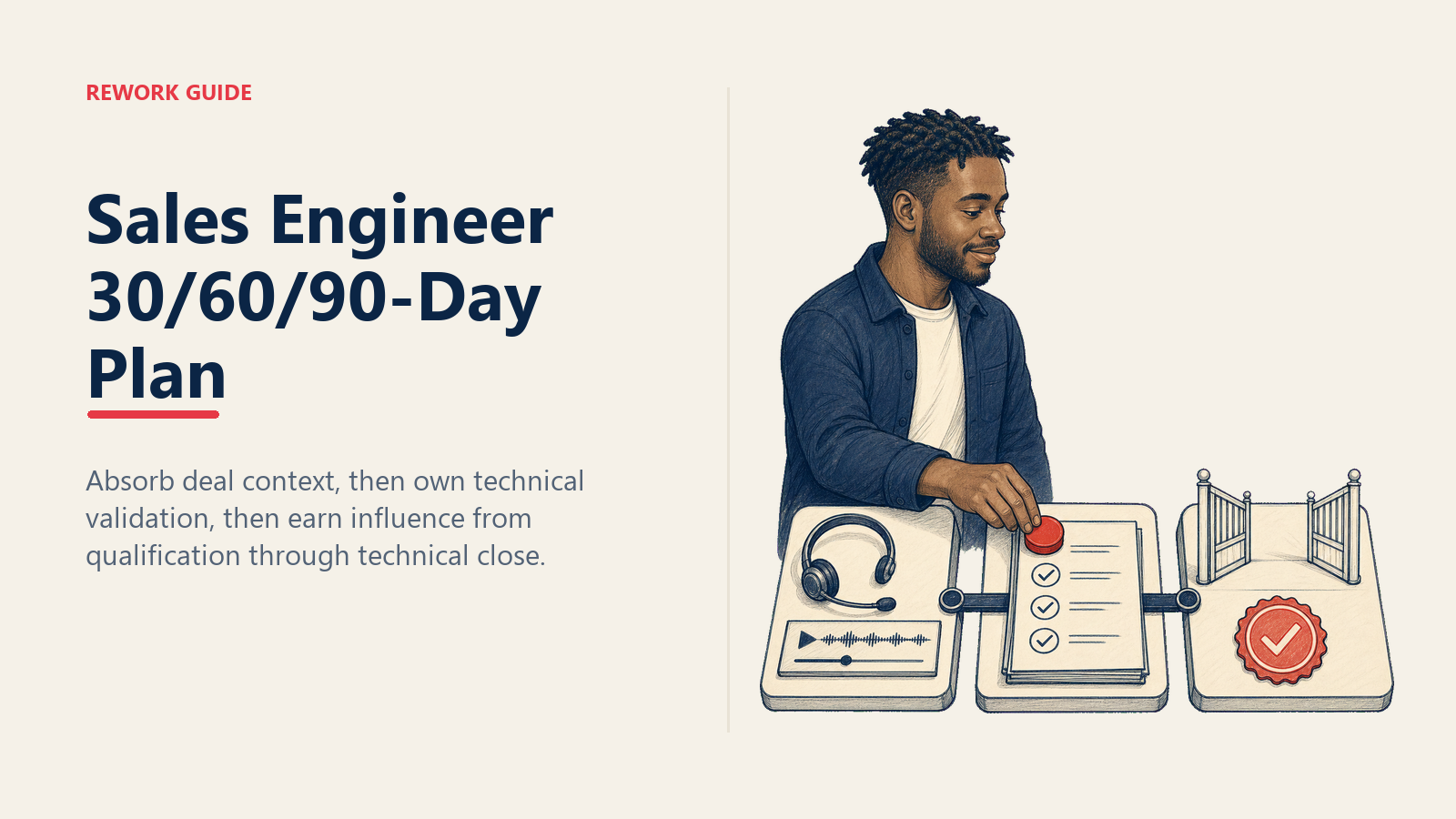 New sales engineer moving from shadowing calls into POC ownership on a three-stage 30/60/90-day ramp