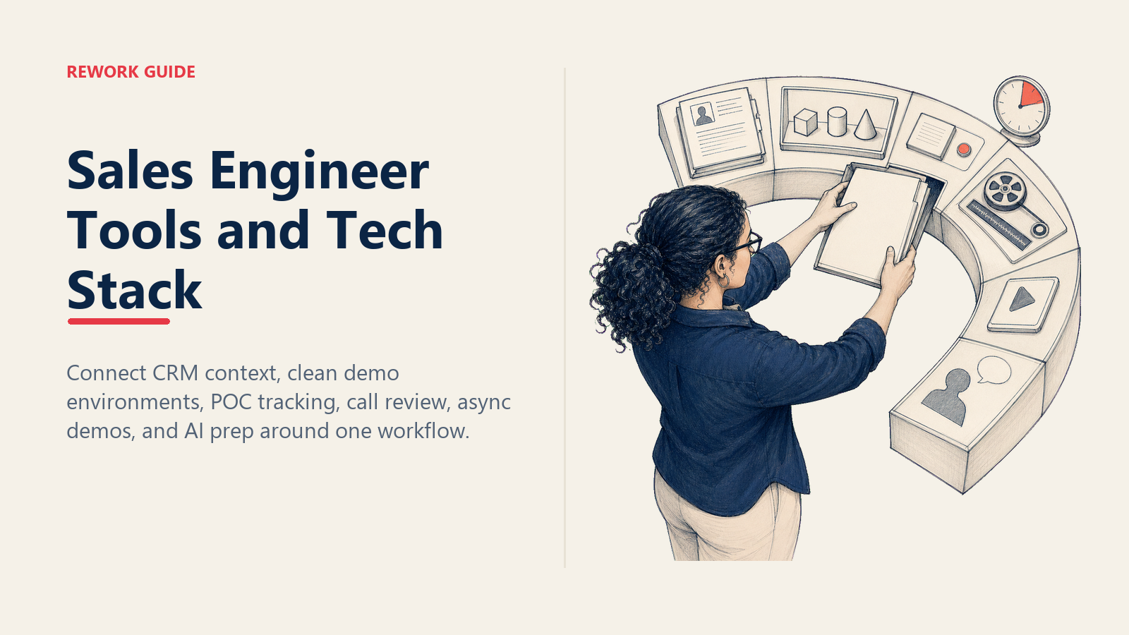 Sales engineer moving buyer context through a connected six-layer tool stack into a clean demo environment