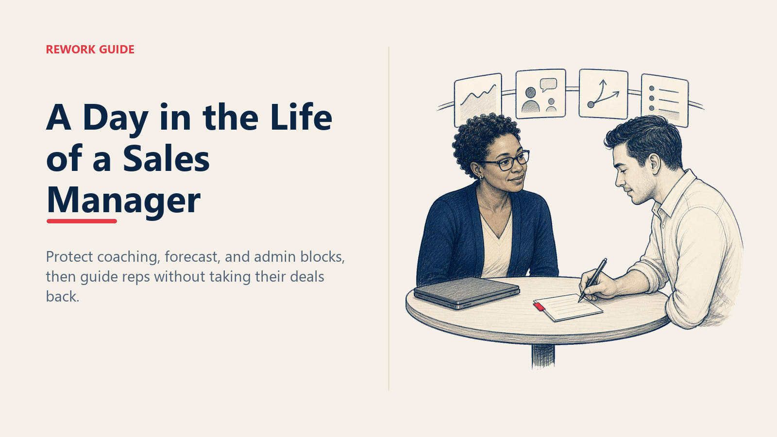 Sales manager coaching a rep to write the next deal move beside a closed keyboard and daily rhythm rail