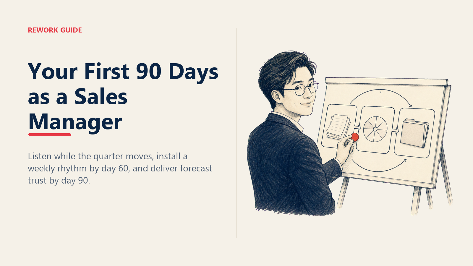 New sales manager advancing through listening, weekly cadence, and delivery gates during the first 90 days