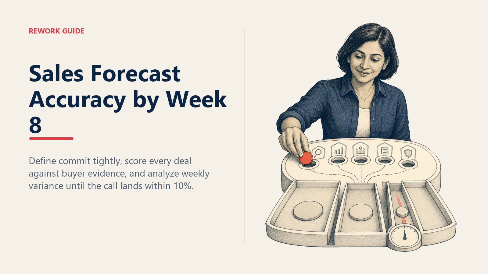 Sales manager calibrating a deal through five buyer-evidence checks to improve forecast accuracy by week 8