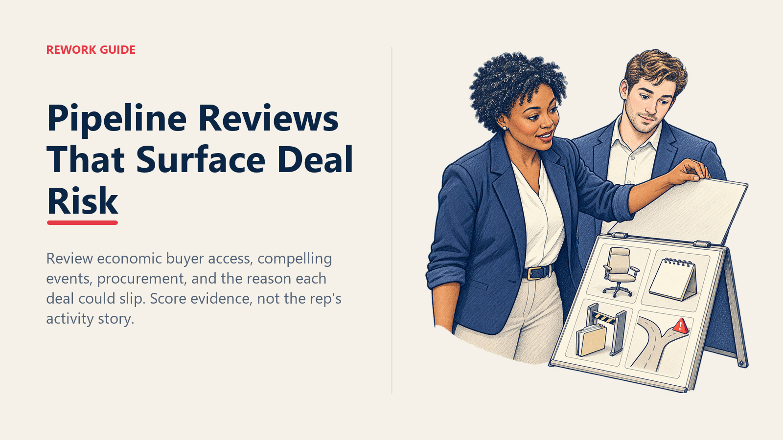 Sales manager lifting a deal-review card to expose hidden economic buyer, urgency, procurement, and slip risks