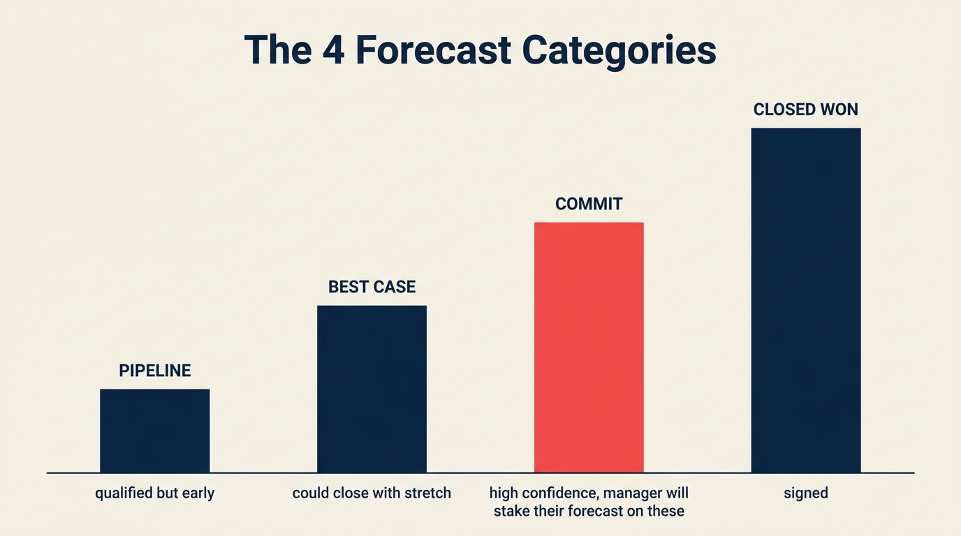 The 4 forecast categories as a confidence ladder — pipeline, best case, commit, closed won