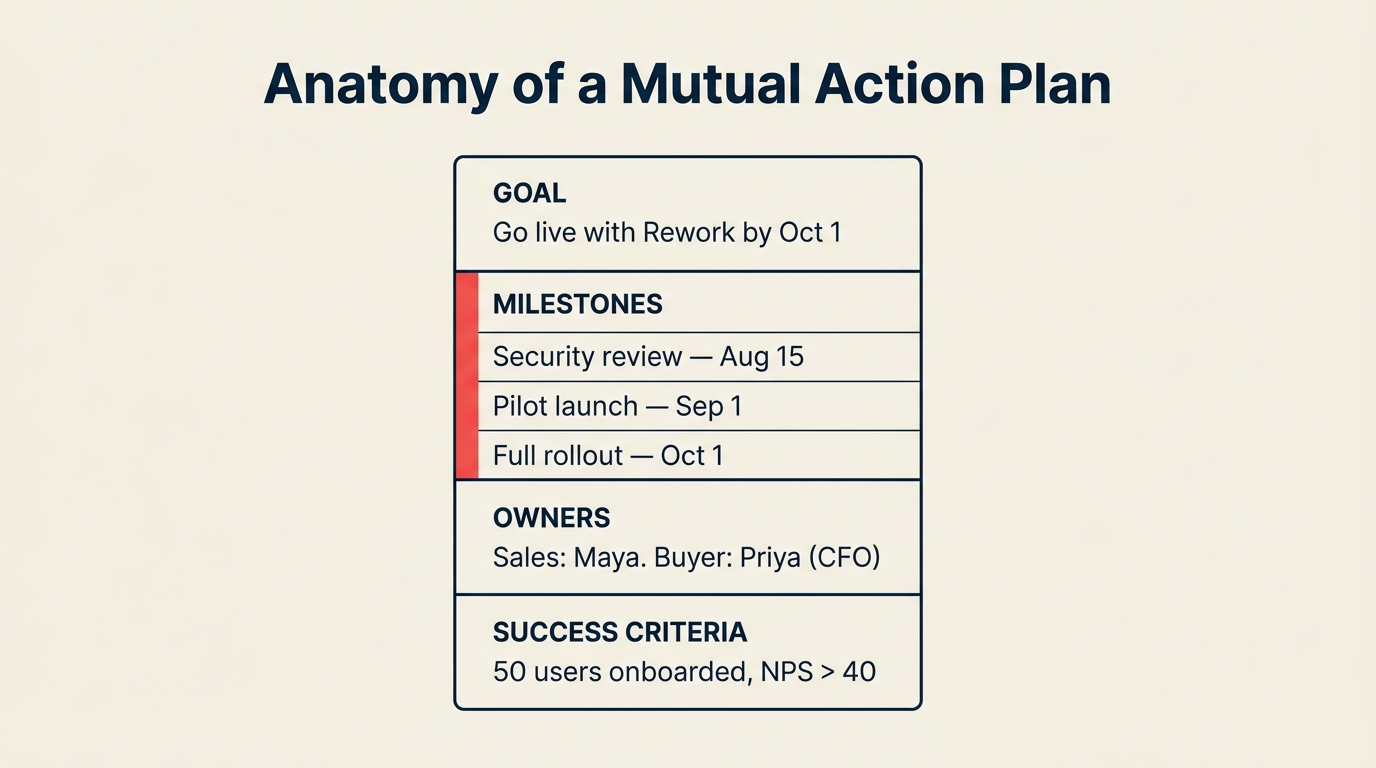 Anatomy of a mutual action plan — goal, milestones, owners, success criteria