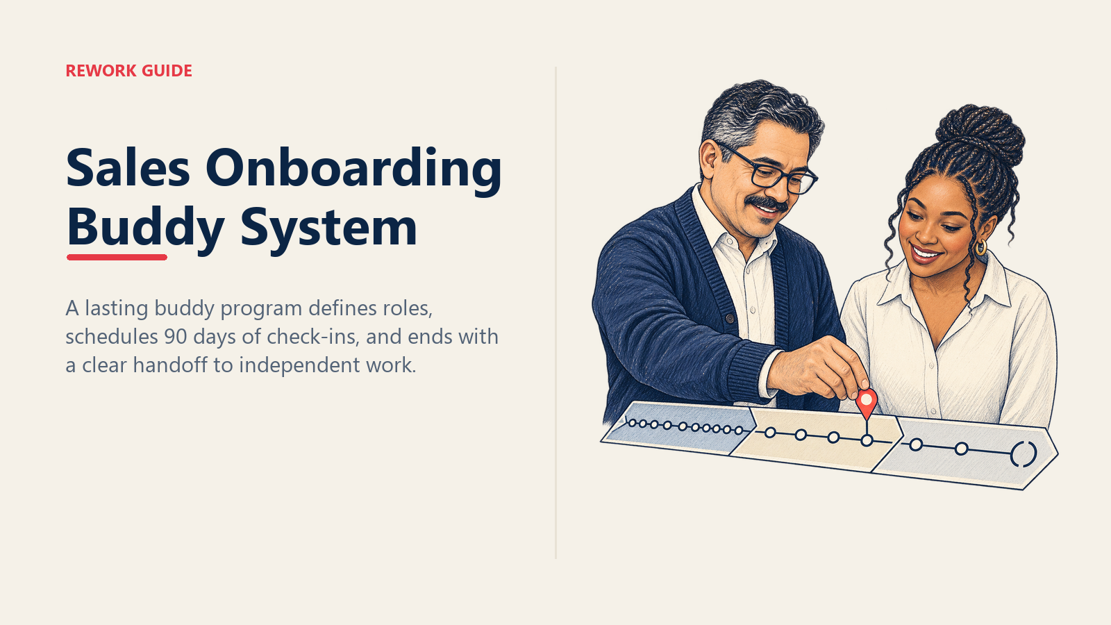 Sales onboarding buddy and new rep scheduling a structured 90-day check-in cadence with an exit handoff