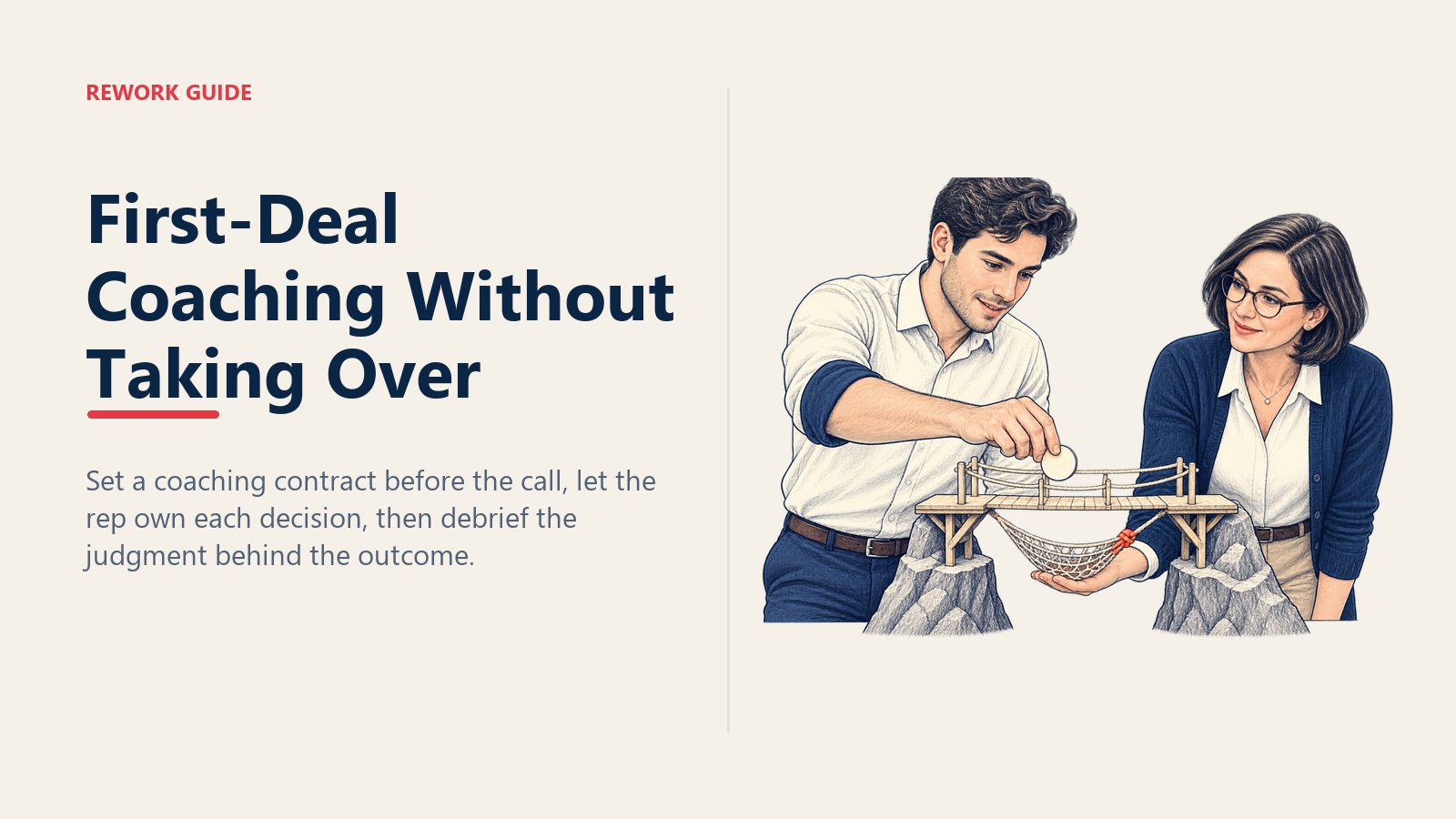 First-deal coaching scene with a new rep moving an opportunity independently while a manager holds a safety net below the deal path