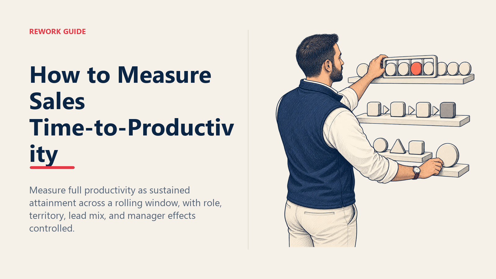 Sales time-to-productivity measurement scene with a rolling window over repeated attainment and one isolated first-close token outside it