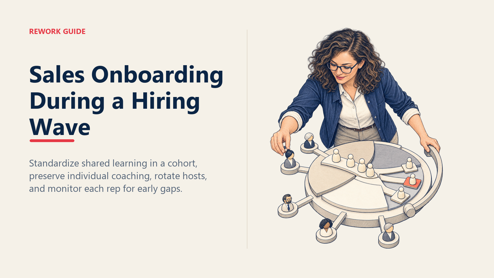 Sales manager rotating a four-phase cohort onboarding carousel with shared sessions, individual checkpoints, and distributed shadow hosts