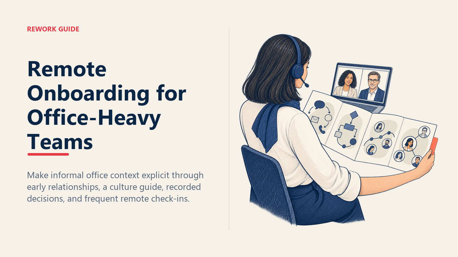 Remote onboarding scene with a new hire unfolding a culture-context guide that bridges her home desk to an office buddy and manager