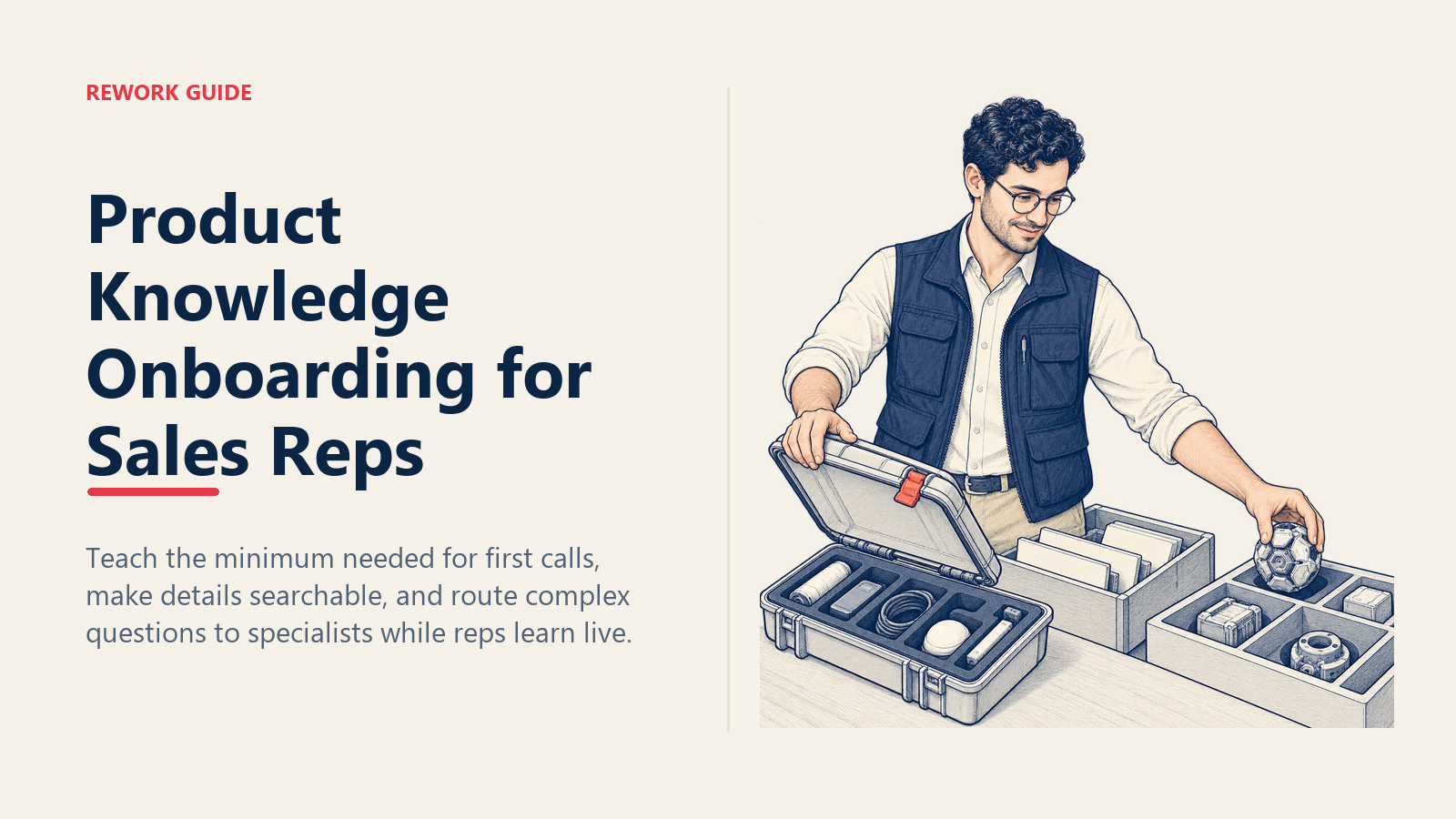 Product knowledge onboarding scene with a sales rep closing a five-slot first-call field kit and routing a complex question to a specialist tray