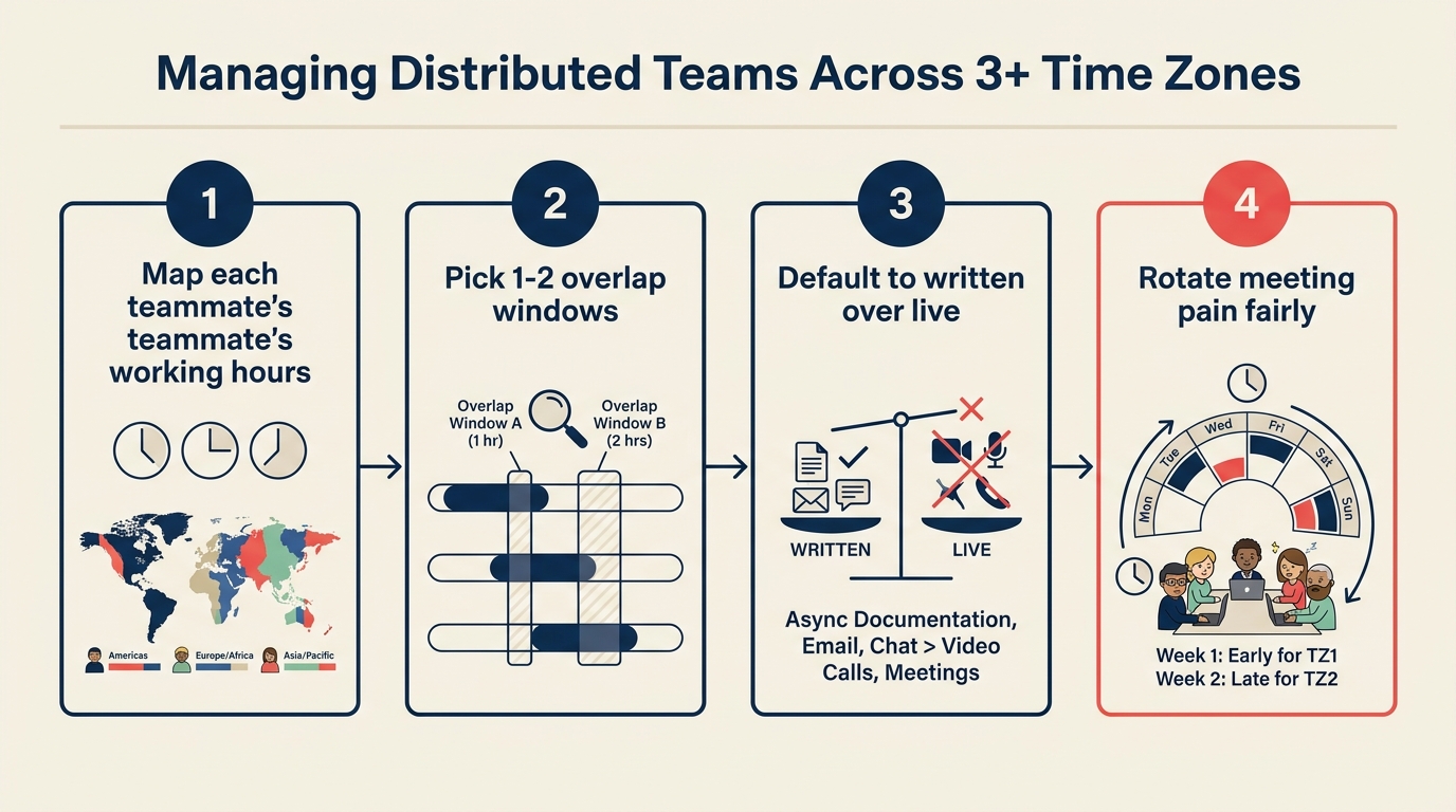 Managing distributed teams across 3+ time zones — 4-step working rhythm