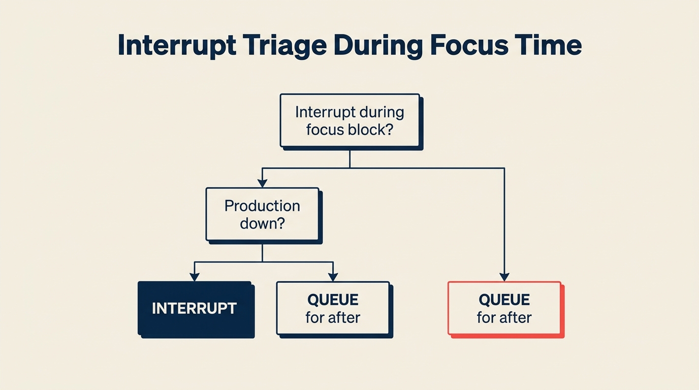 Interrupt triage decision tree — only production-down interrupts the focus block
