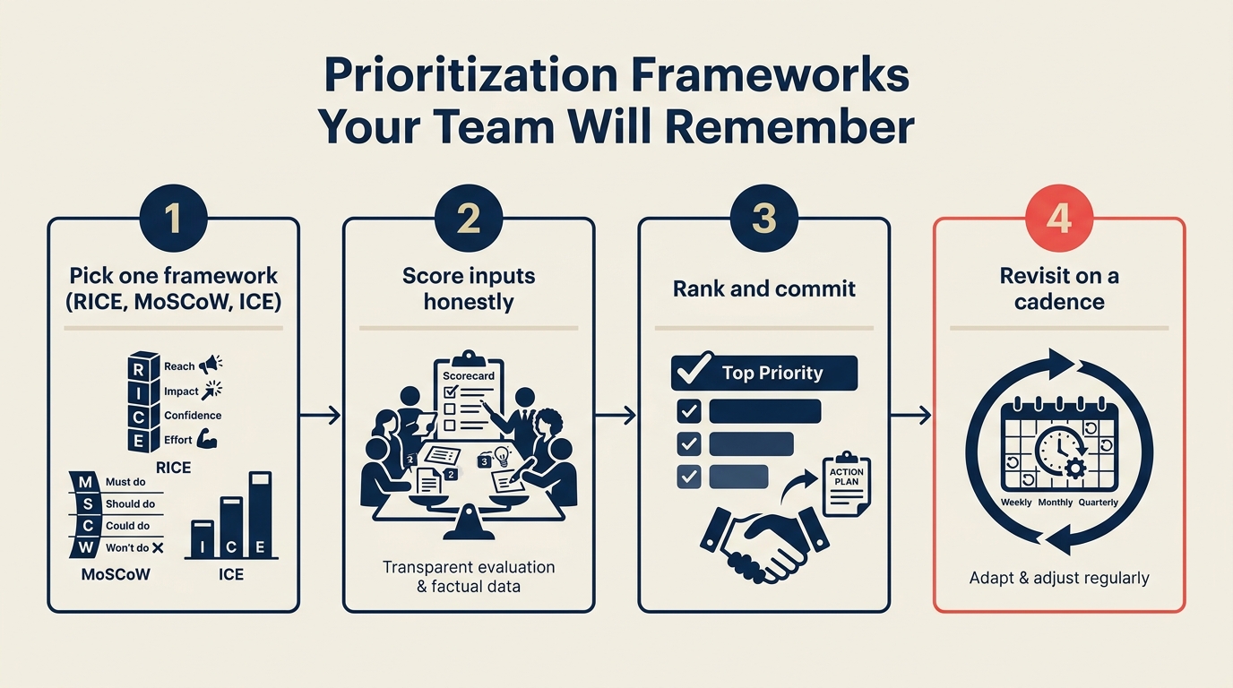 Prioritization frameworks your team will remember — RICE, MoSCoW, ICE explained in 4 steps
