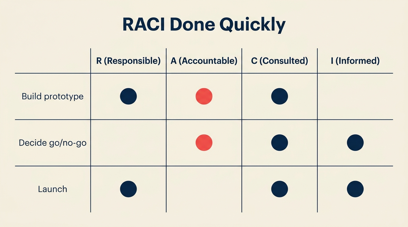 RACI matrix with single-owner rule for Accountable column