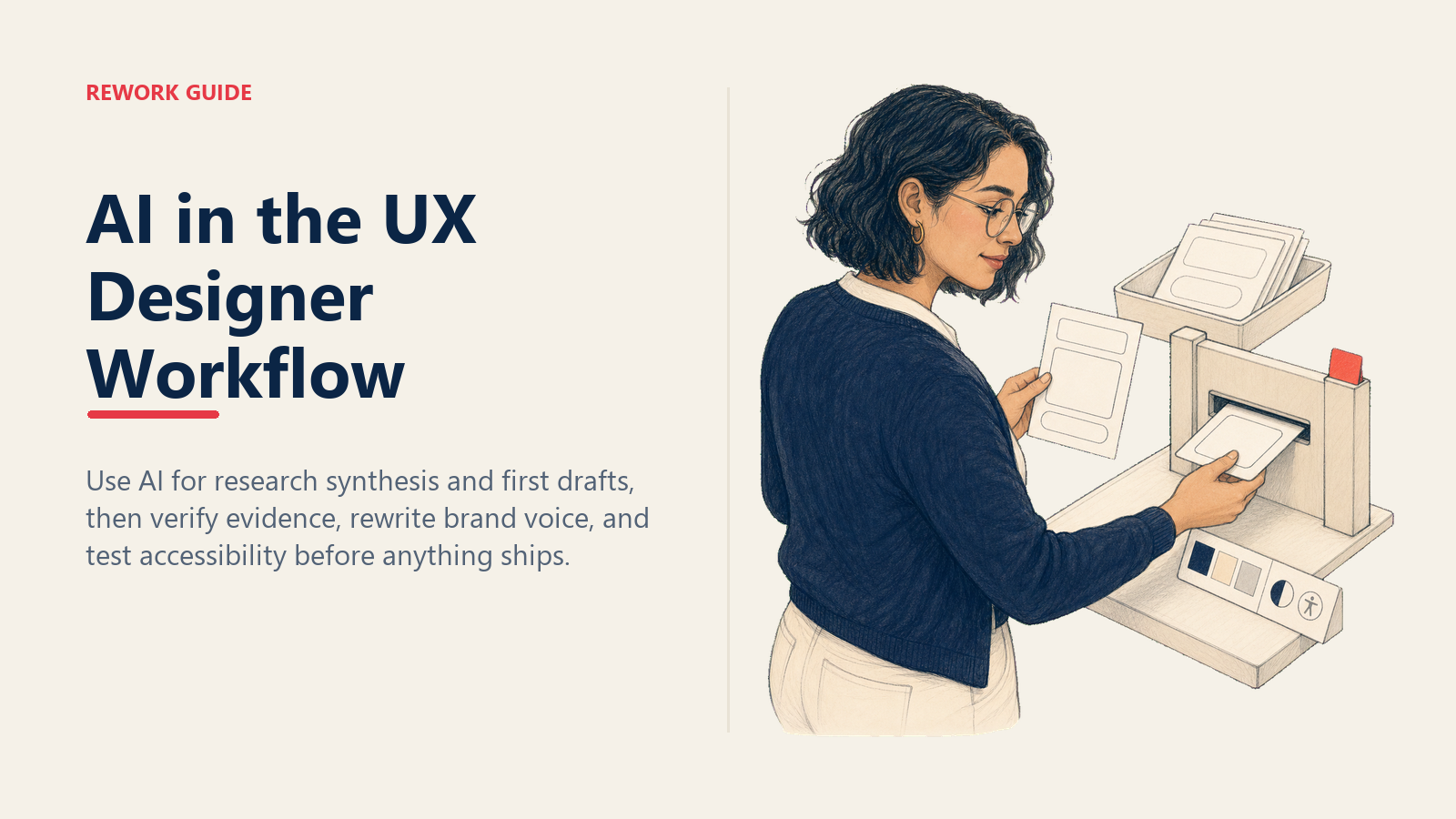 UX designer verifying an AI-assisted interface draft against brand and accessibility checks before release.