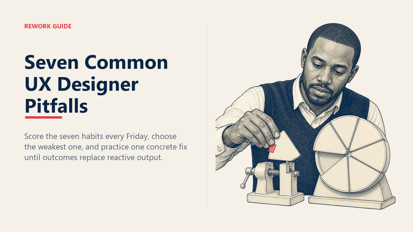 UX designer selecting one weak habit from a seven-part self-review wheel for focused repair.