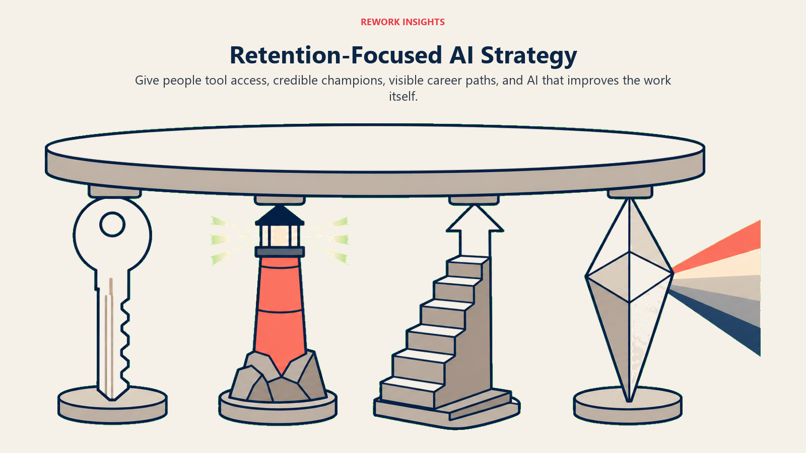 Retention-focused AI strategy supported by tool access, credible champions, career paths, and better work