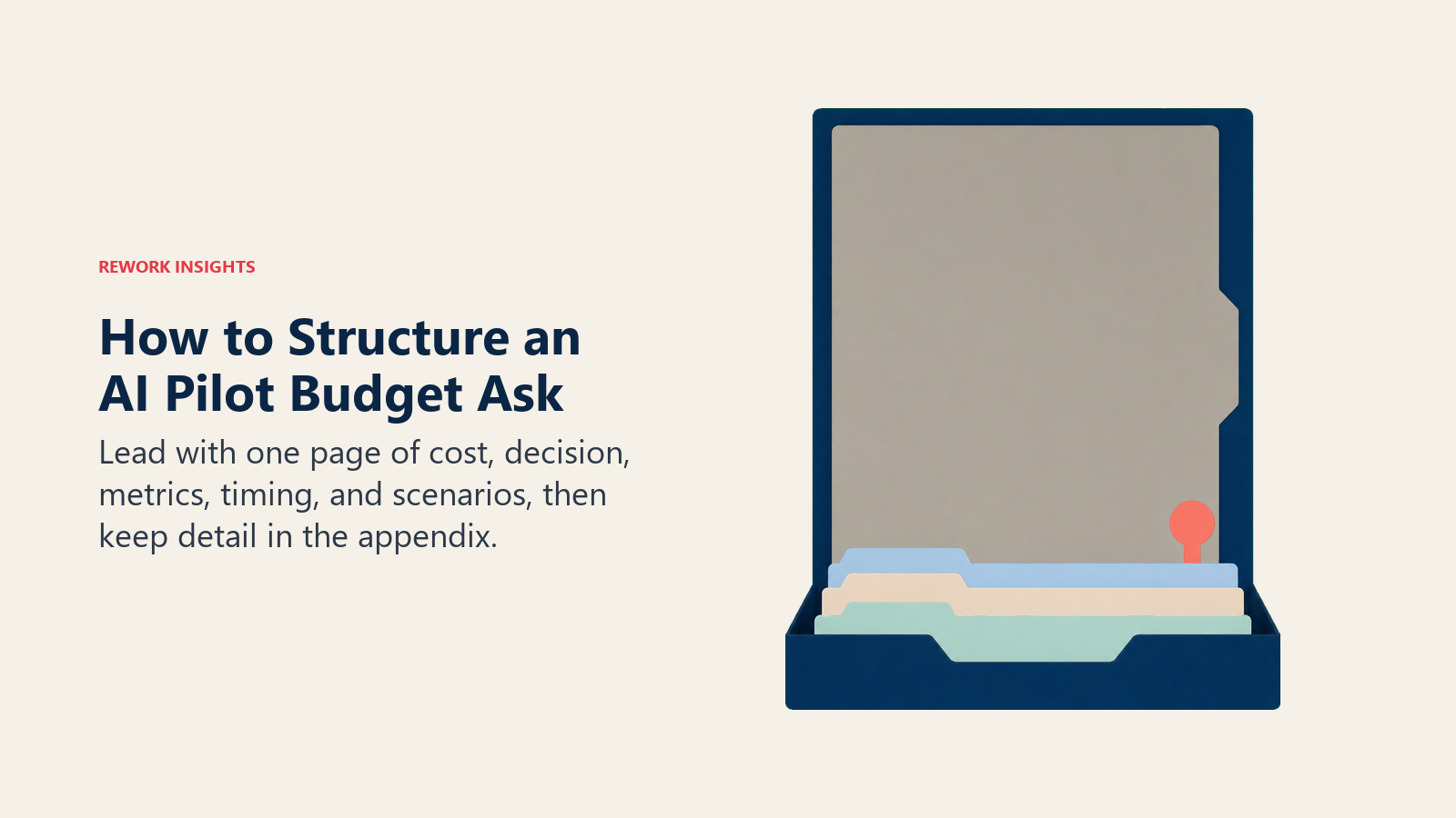 AI pilot budget ask structured as a one-page brief with scenario tabs
