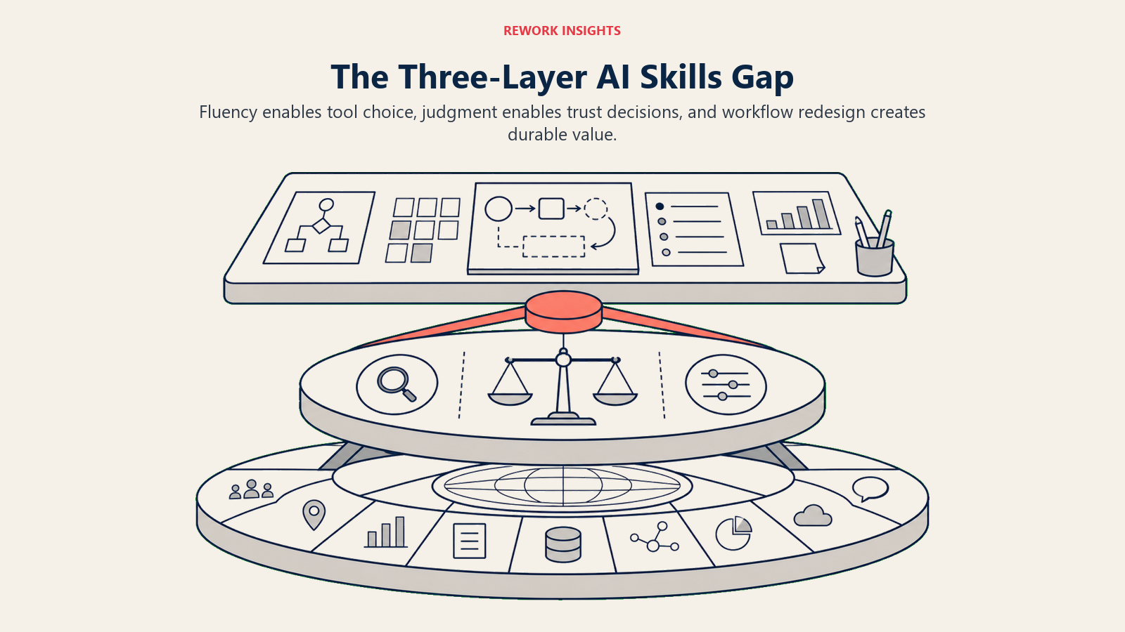 Three-layer AI skills gap framework for fluency, judgment, and workflow redesign