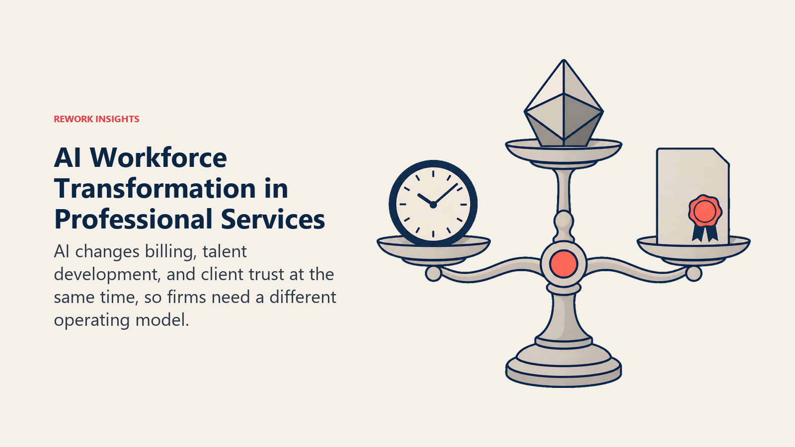 AI workforce transformation in professional services shown as a balance of billable time, judgment, and client trust