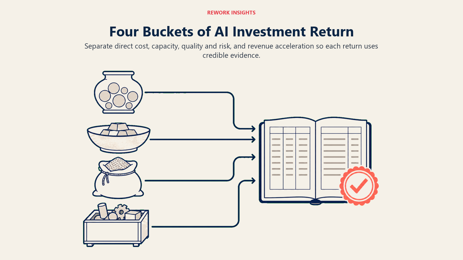 Four buckets of AI investment return feeding direct cost, capacity, quality and risk, and revenue acceleration into an audited ledger