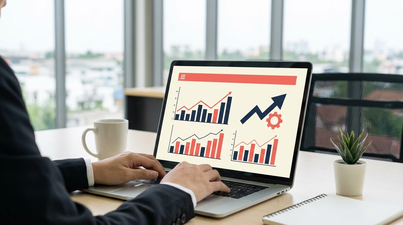 CFO reviewing AI investment return metrics dashboard for mid-market operations