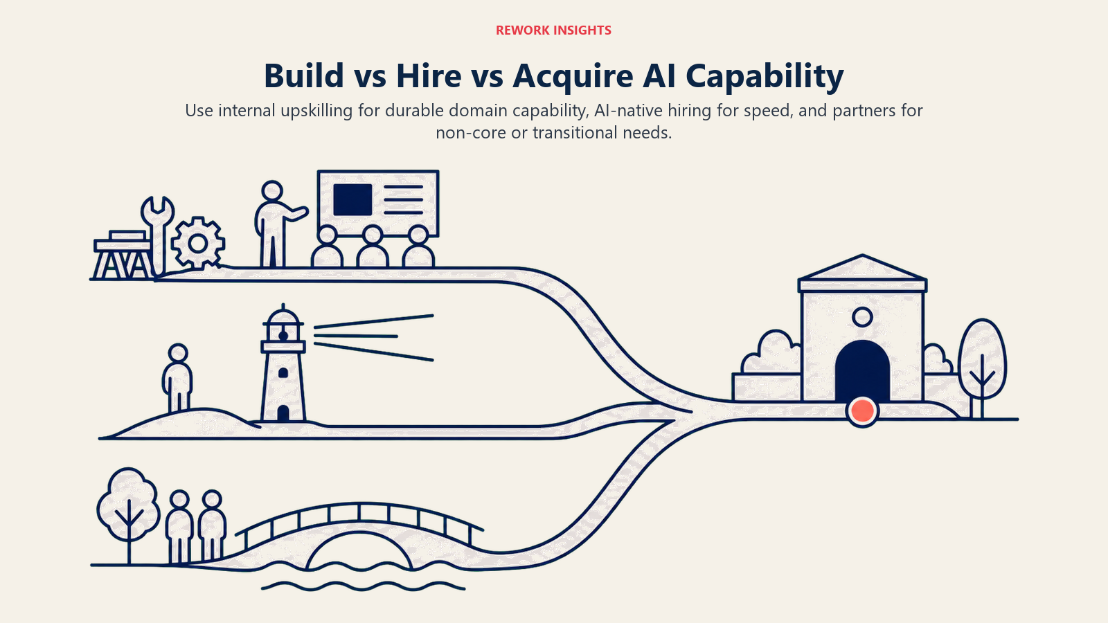 Build, hire, and acquire routes converging into an AI workforce capability hub