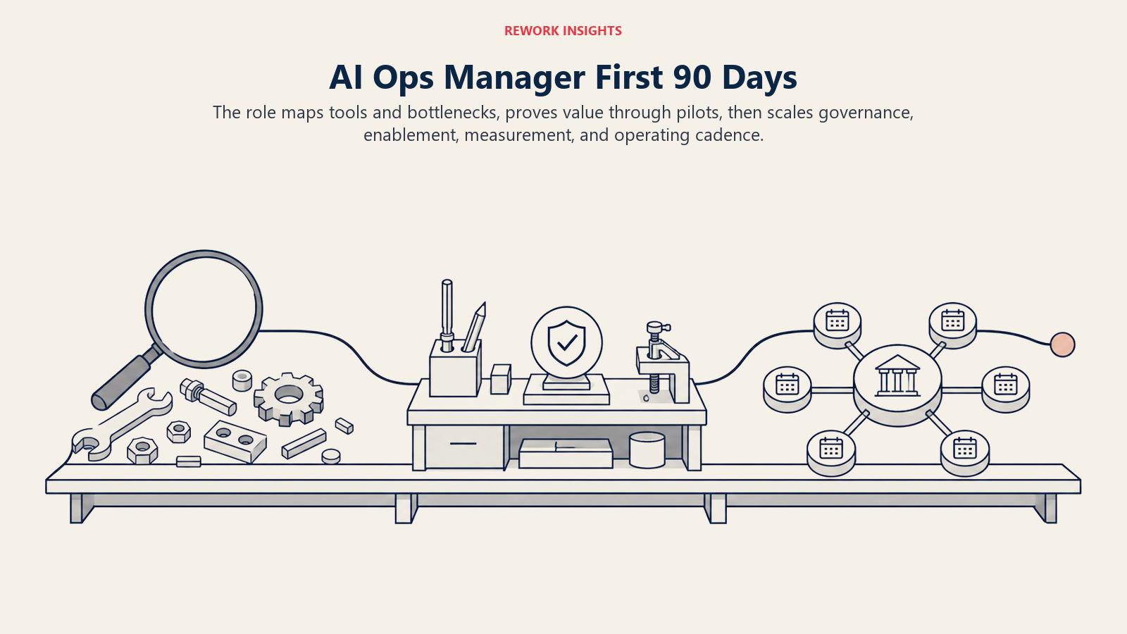 AI Ops Manager first 90 days progressing from mapping to pilots to scaled governance