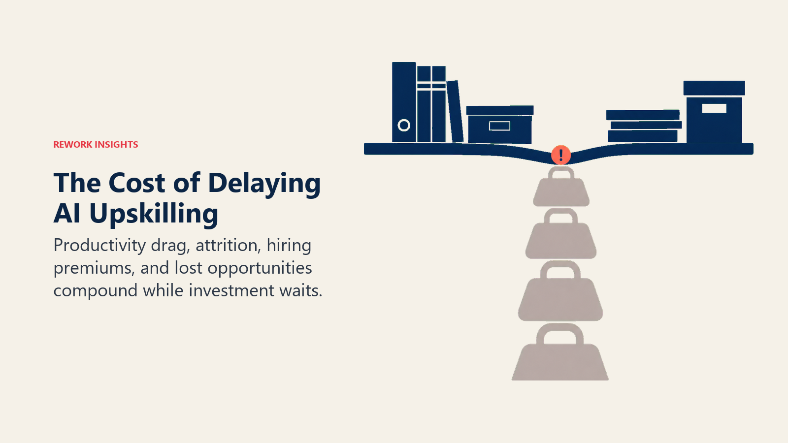 The hidden cost of delaying AI upskilling shown as an unbooked liability beneath a finance ledger